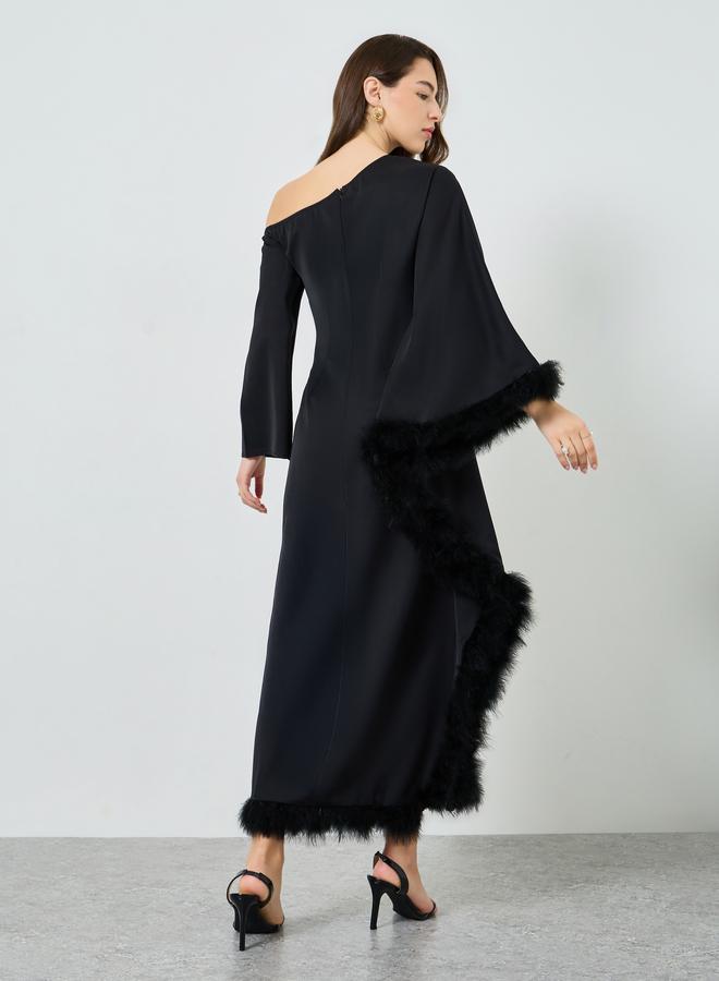 ستايلي فستان طويل بنمط قفطان وكتف واحد - Image 4